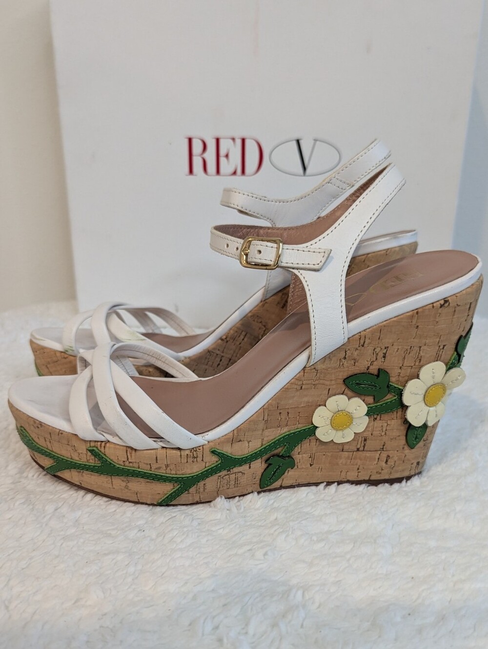 Red Valentino White Floral Cork Wedge Platform Sandals Size 37 with BoxAuthentic